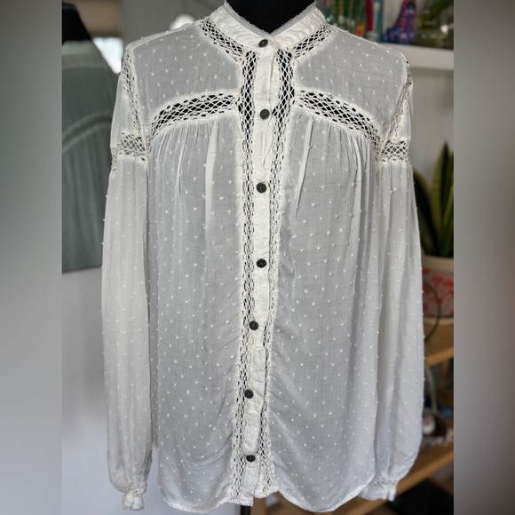 We The Free Tops - Free People Everyday Every Girl Top in Ivory SZ L Flowy Polka Dot Boho Casual